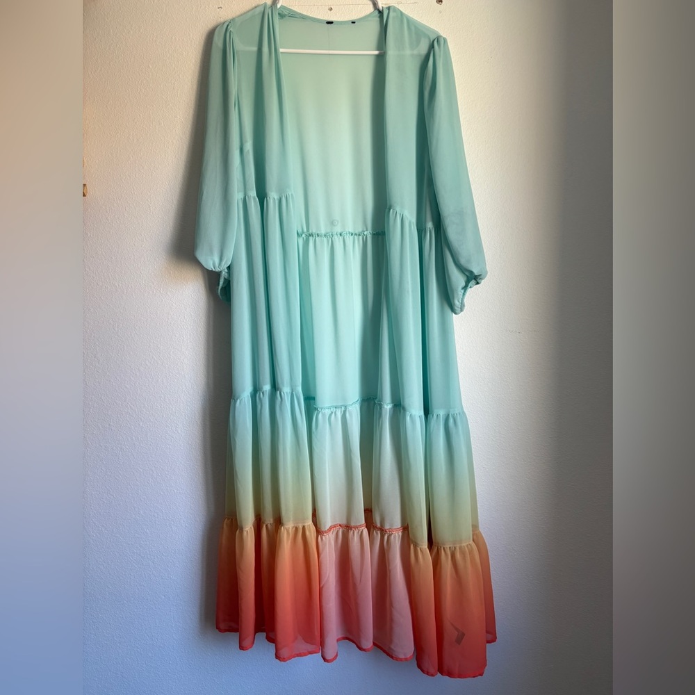 Flowy Mint to Coral Ombré Maxi Duster Cardigan Kimono Chiffon Torrid Size 0